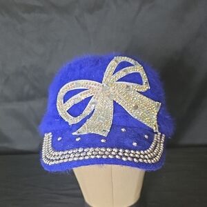 Blue Fuzzy Cap with Rhinestone Bow #208
